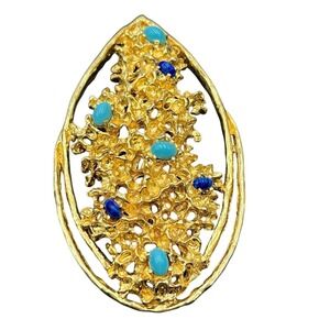 PANETTA Signed Faux Turquoise Lapis Cabochon Rhinestone Brutalist Brooch Pendant